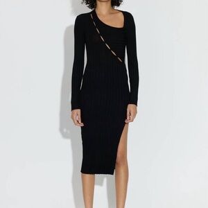 Cotton Citizen Black Long-Sleeve Ribbed Midi Dress with Side Slit